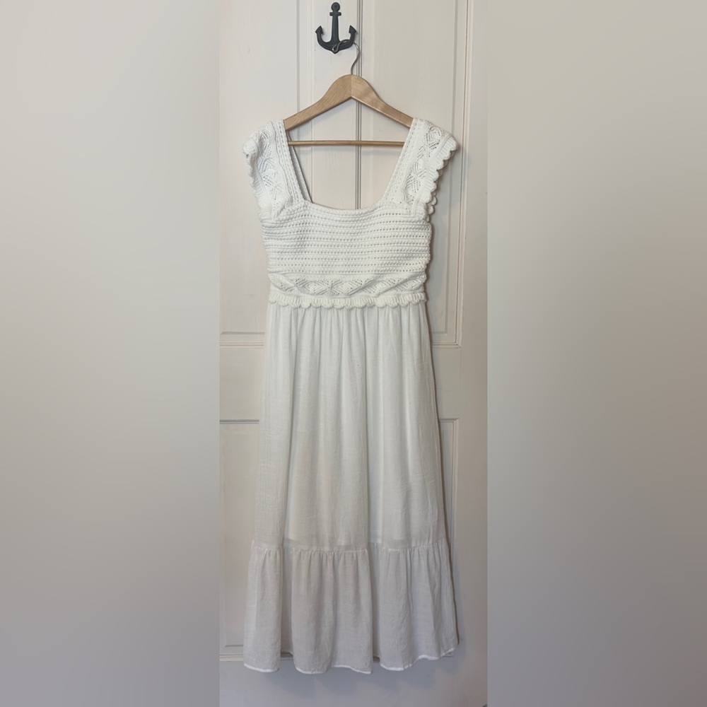 NWT White Boho Crochet Bodice Midi Dress